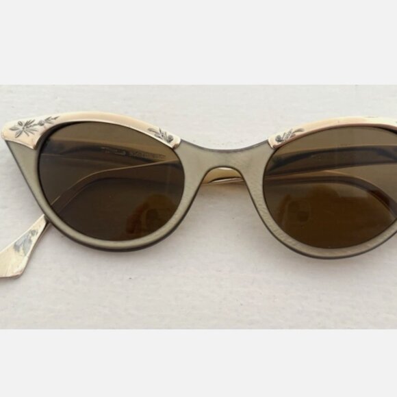 Vintage 1950s TITMUS Gold Aluminum Cat Eye Sunglasses Elegant Hollywood Glam